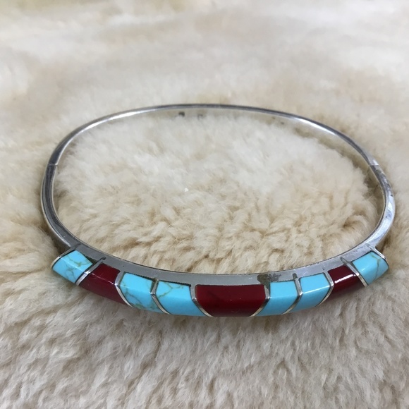 Jewelry - Sterling Turquoise Coral Bracelet Hinged Inlay